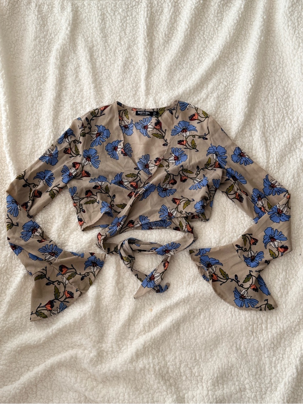 Nasty Gal Taupe Wrap Blouse with Blue Floral Print